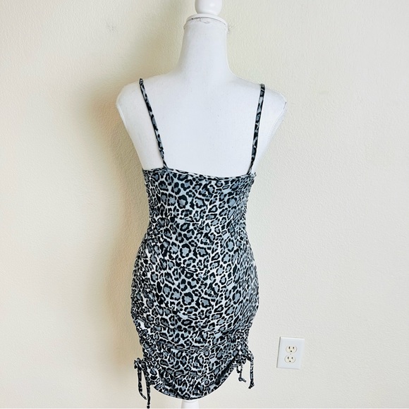 Grey Leopard Cheetah Cowl Neck Side Ruched Cami Mini Dress - Picture 3 of 3